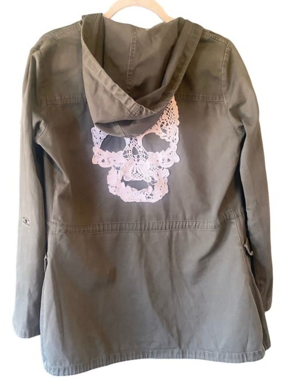 Hot Topic Crocheted Skull Cargo Anorak Jacket Zip Drawcord Pockets Army Green L.